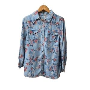 Reba Soft Denim Snap Front Long Sleeve Shirt Size Large